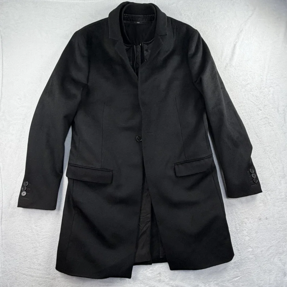 All Saints Merton Overcoat Mens 40 Long Wool Flannel Zip Button Lined Top Casual